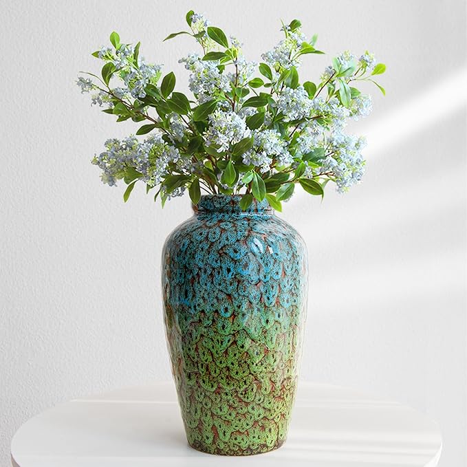 Unique Ceramic Flower Vase, Modern Home Decor for Living Room, Tables, Shelves & Enterways,11Inch Tall Blue Green Vase Gift for Housewarming, Wedding, Birthday