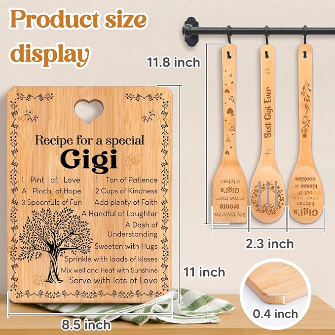 Gigi Gifts - "Recipe for a Special Gigi" Gigi Gifts for Grandma Cutting Board Set, Bamboo-Made Engraved Utensil Set Gifts for Gigi Cutting Board, Best Gigi Ever Gifts.