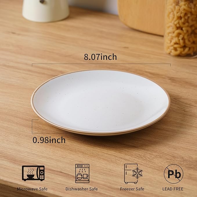 Ceramic Dinner Plates Set of 6, 8 Inches Kitchen Porcelain Serving Dishes, Dinnerware Sets, Microwave Oven Dishwasher Safe, Scratch Resistant, Modern Rustic Vanilla White, Christmas Housewarming Gift