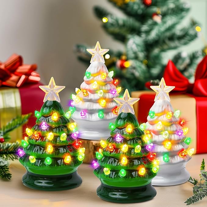 5 Inch Mini Ceramic Christmas Tree Set - 4 Pack Pre-lit Tabletop Christmas Tree with Multicolored LED Lights, Battery Operated Small Lighted Tree for Home Office Table Holiday Decorations