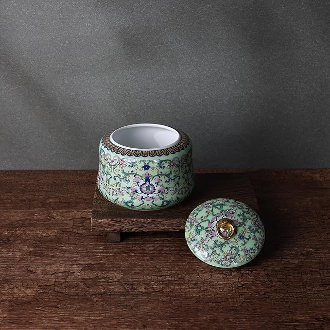 Handmade Chinoiserie Enamel Ginger Jar with Lid,Decorative Storage Jar for Loose Tea,Nuts & Snacks,Ceramic Vase Style Home Decor Canister,Colorful Jar for Kitchen,Living Room (Green Jar)