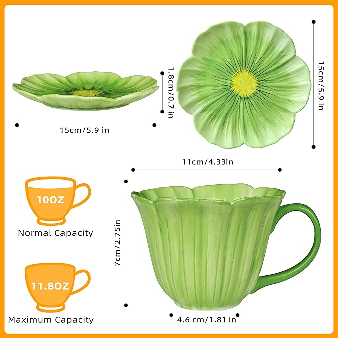 JUSONEY 10 oz Tea Cups and Saucers, Ceramic Flower-shaped Cappuccino Cup, Latte Cup and Saucer set, elegant floral Espresso Cup set, cups are microwave and dishwasher safe-Green