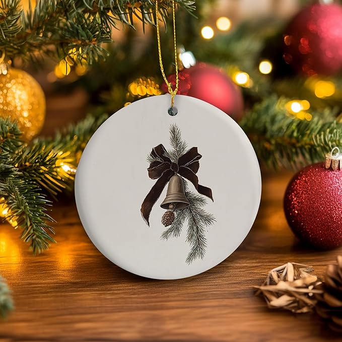 Rustic Christmas Tree Bell Ceramic Ornament Gifts, Winter Neutral Christmas Xmas Tree Decorative Hanging Ornaments for Xmas Holiday Party Decoration, Winter Decorations