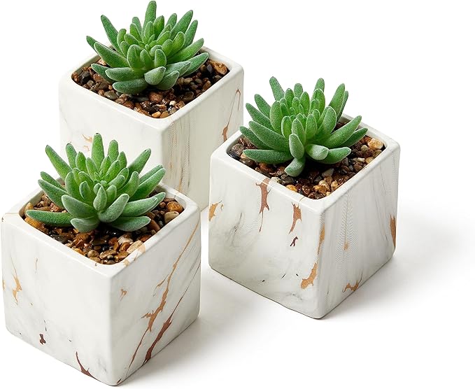 Nordik Square Marble Pots with Gold Vein Accents - Set of 3 - Modern Office and Home Decor - Lifelike Faux Plants - Artificial Desk Plants for Office and Bathroom - Mini Indoor Cactus