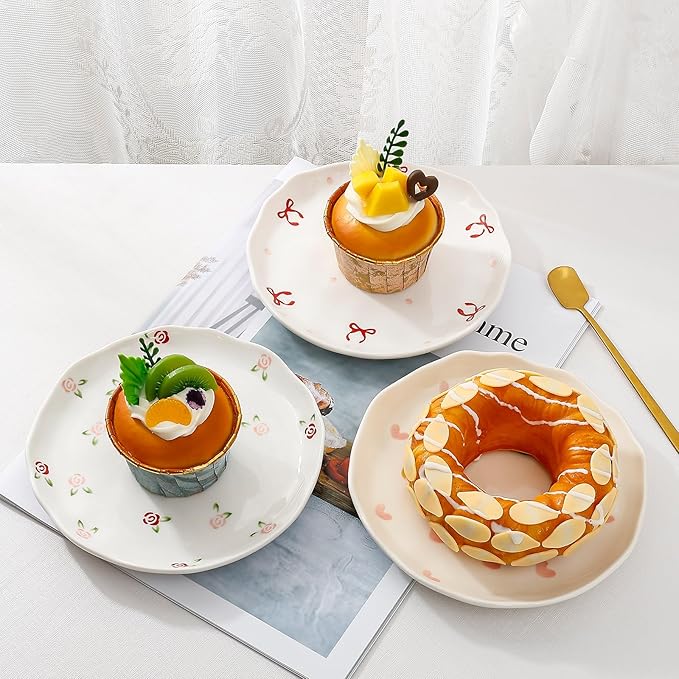 Koythin Ceramic Dessert Plates, Cute Fruits Dinner Plate, Printed Flowers Dinnerware for Office and Home, Kitchen Plates for Desserts (Red Rose Fragmented Flowers)