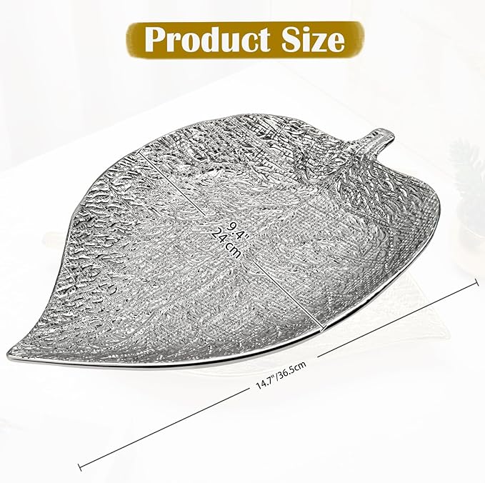 Oversized Leaf-Shaped Ceramic Jewelry Tray, 14.7" Extra Large Decorative Tray Silver Vanity Trays for Rings, Necklaces, Keys, Gifts for Mom, Coffee Table & Entryway Table Trays, 1 Pack