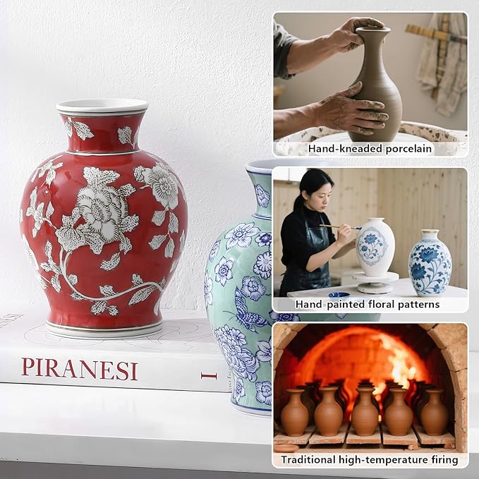 Vintage Chinoiserie Floral Ceramic Vase, Large Rustic Pottery Vases for Living Room, Entryway, Dining Table Centerpiece, Farmhouse Home Décor, Floor or Tabletop Flower Vase, (Red)
