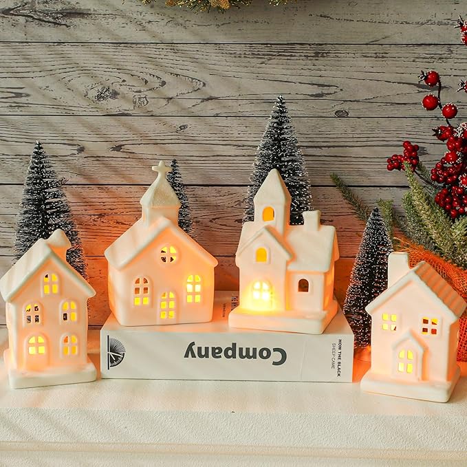 9 Pcs Christmas Village Figurines Sets - 4 Lighted Ceramic Houses with Remote Control & 5 Trees - Christmas Decorations Indoor - White Xmas Holiday Farmhouse Rustic Decor for Home Table Room