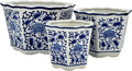 Galt International Blue & White Floral Porcelain Ceramic Decorative Flower Pot 8"/6"/4.5" Garden Pots Chinese Asian Design - Set of 3 Hexagonal