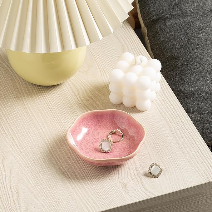 Ceramic Ring Dish Flower Jewelry Holder Dish Cute Jewelry Dish Tray Trinket Dish Small Decorative Tray Key Bowl Room Decor Aesthetic for Mom Best Friend Sister (pink)