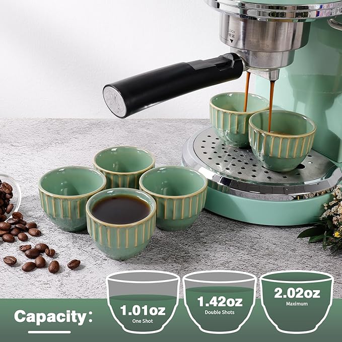 Ceramic Espresso Cups Set, Espresso Coffee Mugs, Special Glazed Demitasse Cups Expresso Coffee Cup for Espresso Machine (6-2oz-Stripe Bronze Green)