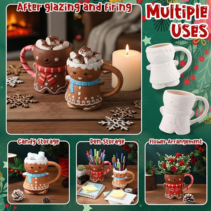 Zubebe 4 Sets Christmas Paint Your Own Mugs Craft Kit, Xmas Ceramic to Paint, Christmas Gingerbread Man DIY Mugs for Adults, Festive Coffee Tea Cup with Painting Set for Family Xmas Craft Office Gift