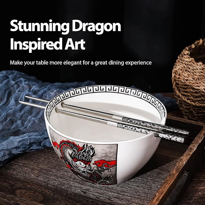 Hagary Dragon Ceramic Bowls Japanese Korean Soup Bowl Pasta Salad Dessert Serving Bowls Housewarming Wedding Gifts Designed in Korea (With Chopsticks) (Black, 20 oz - 1pc)