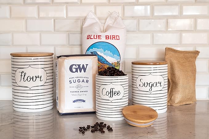 10 Strawberry Street Everyday Coffee, Sugar, Flour 3 Piece Canister Set, White/Black