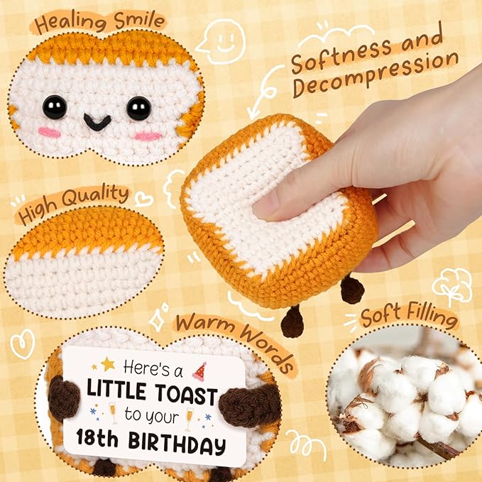 A Little Toast to Your 18th Birthday - Mini Handmade Crochet Toast Gifts for 18 Year Old Girl Boy, Funny 18th Birthday Gifts for Girls Boys Daughter Son Sister Friend, Adult Handmade Crochet