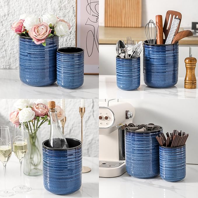 HASENSE Utensil Holder, 7.4" Large Utensil Holder for Kitchen Counter, Ceramic Utensil Organizer for Utensil Set, Modern Kitchen Utensil Crock for Countertop Decor, Blue