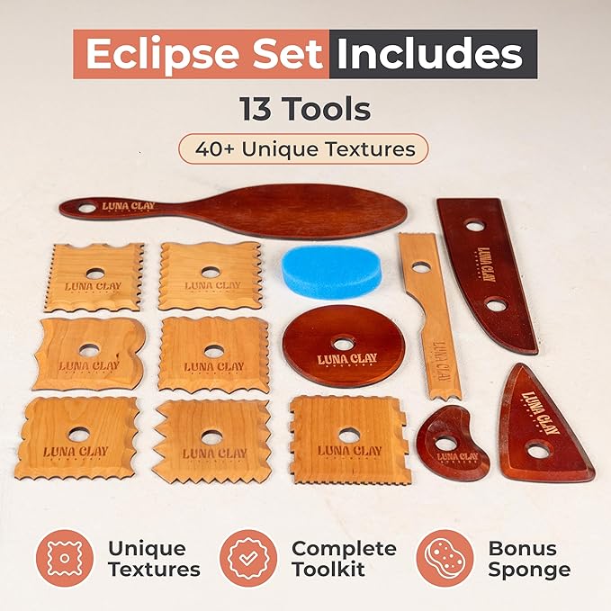Pottery Ribs Tool Set | 13 Pack - Ceramic Tools for Pottery, Kiln-Dried Cherry Wood (None-Warping), Pottery Wheel Tools for Trimming, Comfortable Hold, Home or Studio Use, Sponge Included