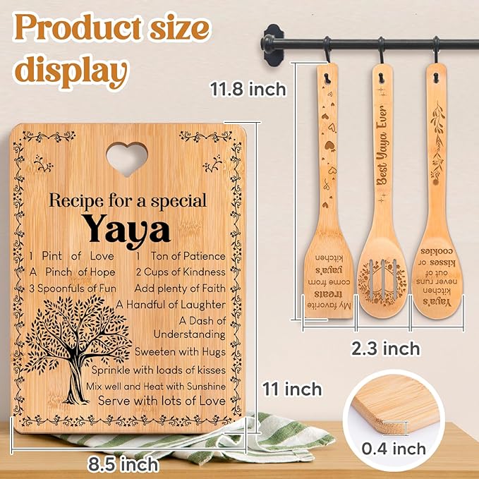 Yaya Gifts - "Recipe for a Special Yaya" Yaya Gifts for Grandma Cutting Board Set, Bamboo-Made Engraved Utensil Set Gifts for Yaya Cutting Board, Best Yaya Ever Gifts.