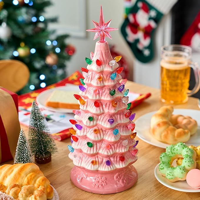 Joiedomi 15" Ceramic Christmas Tree, Table Top Christmas Decor with Star Topper, Vintage Pre-lit Xmas Tree with Multicolored LED Lights, Battery Operated Hand-Painted Xmas Decorations Indoor Home