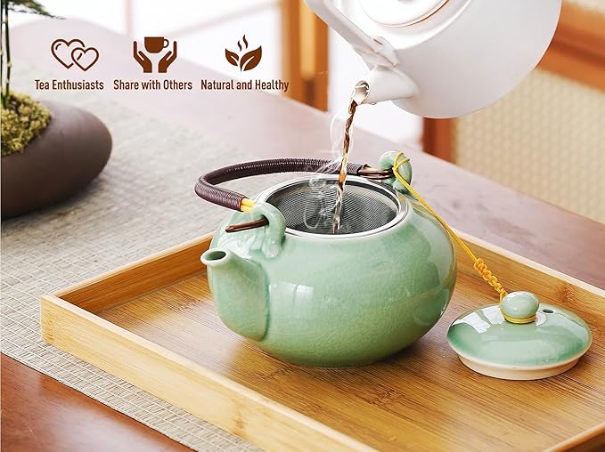 Japanese Tea Set for Adults, Japanese Gongfu Tea Set with 1 Teapot (23.5oz/700ml), 6 Tea Cups(4oz/120ml), Tea Tray & Stainless Infuser, Japanese Teapot Set Tea Gift Set (Kiln Mint Green)
