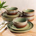 TheTerra Ceramic Dinnerware Sets for 4, 12 Pieces Handmade Reactive Glaze Plates and Bowls Set, Scratch Resistant Dish Set, Oven & Microwave & Dishwasher Safe, Sage Umber