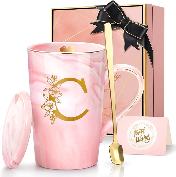 Personalized Gifts for Women Coffee Mug, 14 Oz Pink Initial Customized Mugs with Flower, Birthday Gifts for Women, Cool Mug Christmas Mother's Day Gift for Her Wife Mom Grandma Friend Sister Unique,C