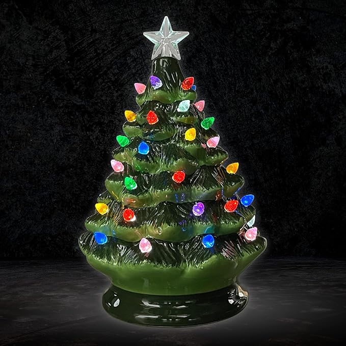 Festive Christmas Tree with Colorful Lights | Vintage-Inspired Ceramic Green Pine with Lights and Star | Cheerful Holiday Decoration | Twinkle or Steady Nightlight