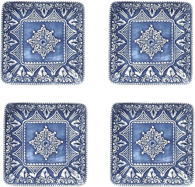 Sungmor Embossed Stoneware Fine Dining Dinnerware, Antique Baroque Style Porcelain 6 Inch Square Appetizer Plates Set of 4, Sophisticated Ceramic Small Dinner Plates Serving Dish for Dessert, Salad