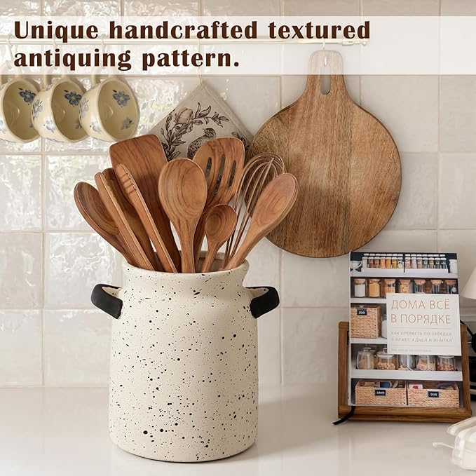 Qinyoung Rustic Kitchen Utensil Holder 6 Inch Small Ceramic Utensil Holder with Handle Vintage Crock Decoration Spatula Organizer for Kitchen Countertop Farmhouse Party Supplies(Beige,Speckled)