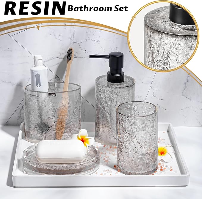Modern 5 Pcs Resin Bathroom Accessories Set: Soap Dispenser, Toothbrush Holder, Tumbler, Soap Dish,Cotton Swab Jar,Unbreakable, Durable, Easy to Clean, Bark Pattern, Translucent Black