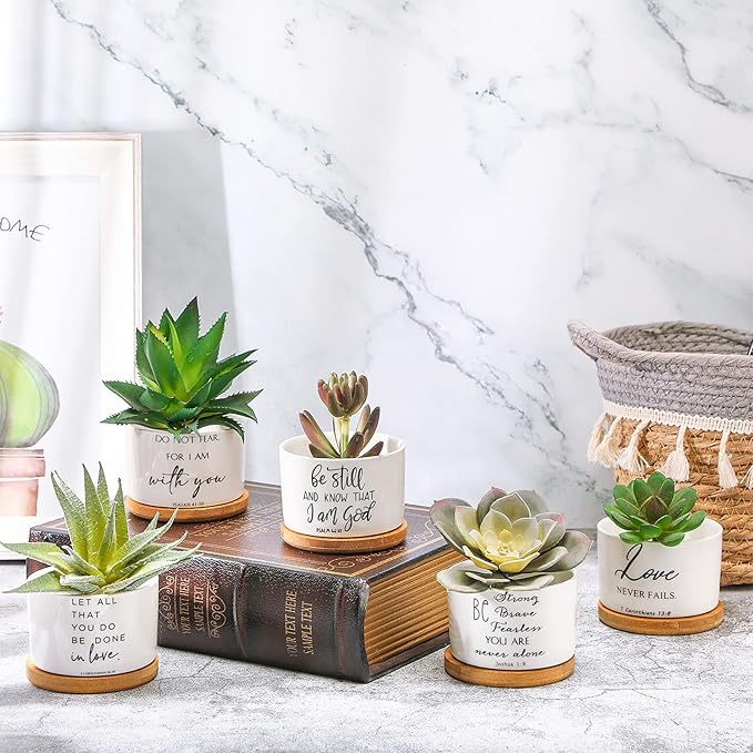 Fumete 12 Pcs Bible Verse Succulent Pots with Bamboo Tray Drainage 3.15 Inch Mini Ceramic Flower Planter Pot Christian Gifts for Women Sunday School Teacher Church Plants Not Included(Classic Style)