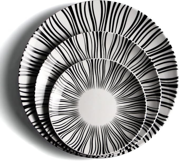 10" Black and White Striped Ceramic Plates Set of 6, Zebra Pattern Dinner Plates Set, Minimalist Porcelain Dish Set, Microwave, Oven & Dishwasher Safe