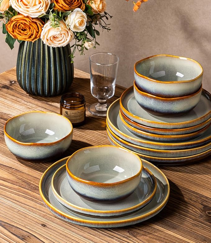 TheTerra Ceramic Dinnerware Sets for 6, 18 Pieces Handmade Reactive Glaze Plates and Bowls Sets, Scratch Resistant Dish Set, Oven & Microwave & Dishwasher Safe, Brown Blue