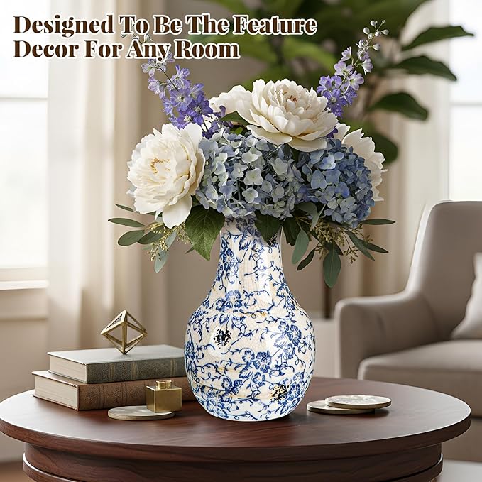 LemonRoad Vintage Ceramic Flower Vase 5.7 Inch Chinoiserie Ice Cracked Glaze Porcelain Vase Rustic Ceramic Large Centerpieces for Home Table Living Room Bookshelf Office(Orchid Style)