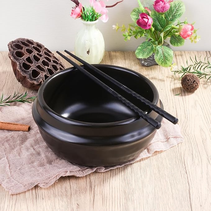 Ceramic Stone Bowl, 6.57 Inch Black Porcelain Dolsot Bowl, Korean Style Bibimbap Bowl for Rice, Soup & Stew, Microwave and Dishwasher Friendly, Heat-Resistant Serving Bowl