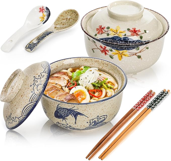 2 Pieces Ceramic Ramen Bowls, 25 Oz Large Soup Bowl with Lid, Spoon, Chopstick, Hand-painted Japanese Tableware for Noodles, Salad, Rice, Microwave Dishwasher safe