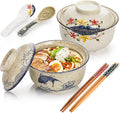 2 Pieces Ceramic Ramen Bowls, 25 Oz Large Soup Bowl with Lid, Spoon, Chopstick, Hand-painted Japanese Tableware for Noodles, Salad, Rice, Microwave Dishwasher safe
