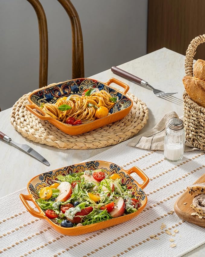Besmeety Square Pasta Bowls with Handle, Boho Salad Serving Bowls Set of 2, Ceramic 7.09" Pasta Plates for Housewarming Present, Party (Yellow+Orange1)