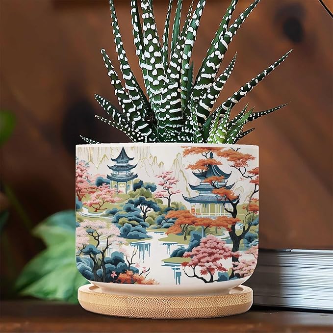 1 Piece Blue Asia Tiered Tower Coral Pink Flower Small Flowers Pots Oriental Chinoiserie Succulent Planters with Drainage Holes Chinoiserie Garden Scenery Planters Ceramic