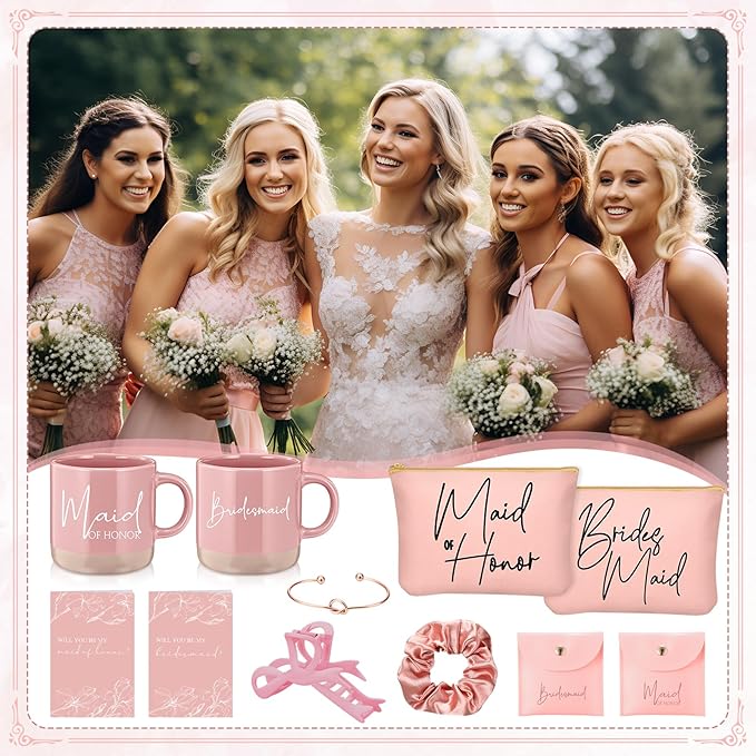 42 Pcs 6 Sets Wedding Favors Bridesmaid Proposal Gifts Maid of Honor Ceramic Coffee Cups Cosmetic Makeup Bags Invited Cards Scrunchies Knotted Bracelets Jewelry Bags Hair Claw Clips(Pink)