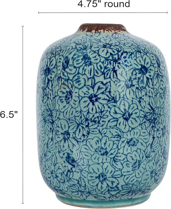 Creative Co-Op Decorative Round Terra-Cotta Vase with Floral Pattern with Distressed Finish, Blue