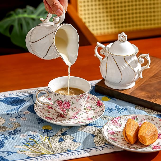tea cups and saucers ceramic coffee mug 6oz for Coffee, Latte, Cafe Mocha and Tea-Set of 4 (Big flowers-Set of 4)