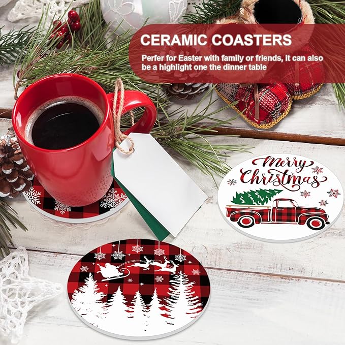 6Pcs Christmas Coasters with Metal Holder Xmas Tree Snowflake Truck Drink Coasters Red Black Plaid Winter Holiday Ceramic Cup Mat for Home Kitchen Table Decor, 4.1 x 0.3 Inch