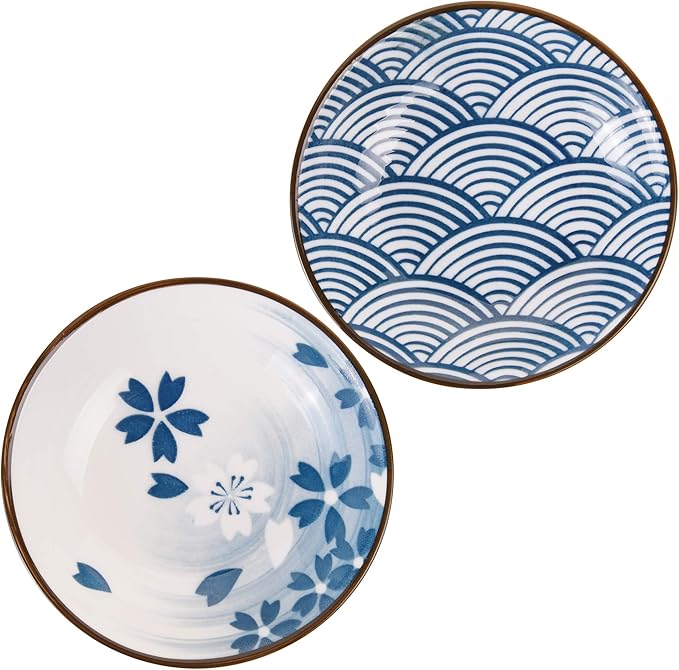 Beautyflier Set of 4 Ceramic Sauce Dish Soy Sauce Dipping Bowls Appetizer Plates Side Dishes Serving Dish Japanese Style Dinnerware Set (WAVE&SAKURA(3.75inch))