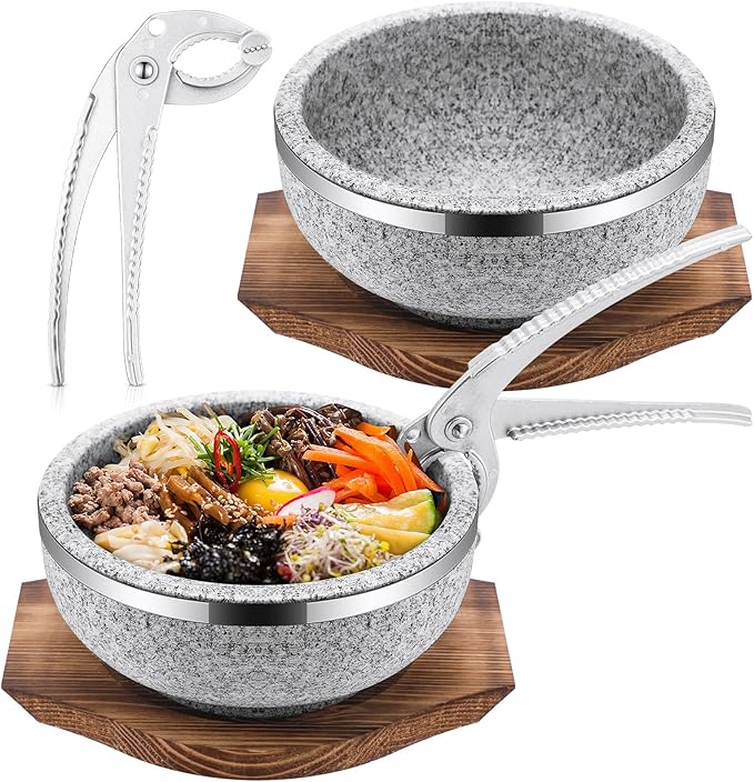 Lallisa 2 Set Dolsot Bibimbap Stone Bowl with Wood Base and Aluminum Tongs Dolsot Pot Stone Bowls Sizzling Hot Pot for Korean Restaurants, Soup, Rice, Stew(32 oz)