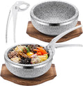 Lallisa 2 Set Dolsot Bibimbap Stone Bowl with Wood Base and Aluminum Tongs Dolsot Pot Stone Bowls Sizzling Hot Pot for Korean Restaurants, Soup, Rice, Stew(32 oz)