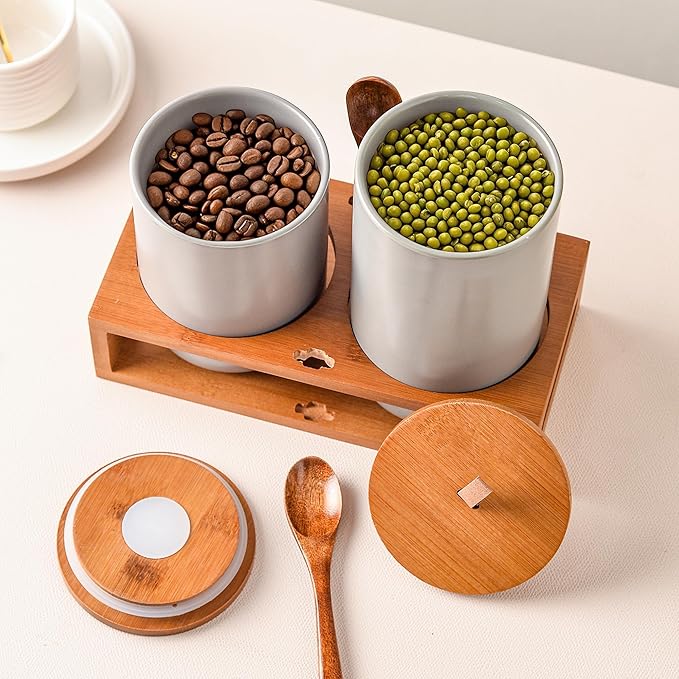 Gray Ceramic Canister Set of 2 with Bamboo Lids, Wooden Stand & Spoons – 35oz & 28oz Airtight Food Storage Jars for Coffee, Sugar, Tea, Kitchen Counter Organizer