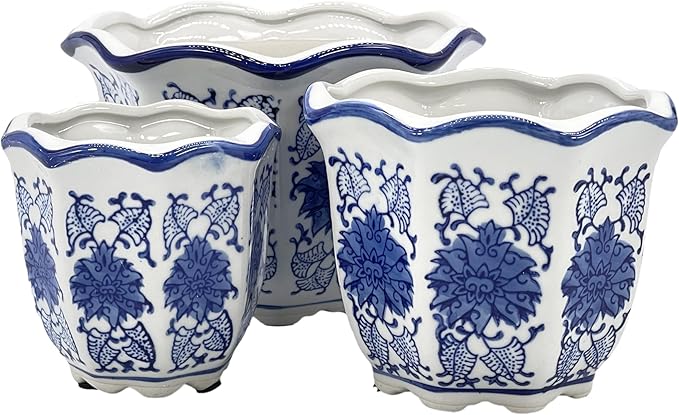 Galt International Blue & White Floral Porcelain Ceramic Decorative Flower Pot 8"/6"/4.5" Garden Pots Chinese Asian Design - Set of 3 Round Fluted