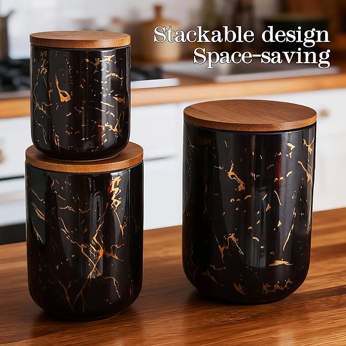 JOJUNO Black Ceramic Canister Set with Bamboo Lid – 3-Piece Airtight Food Storage Jars for Kitchen Counter – Glossy Marble Design, Ideal for Flour, Sugar, Coffee, Tea, Spice – Small, Medium, Large