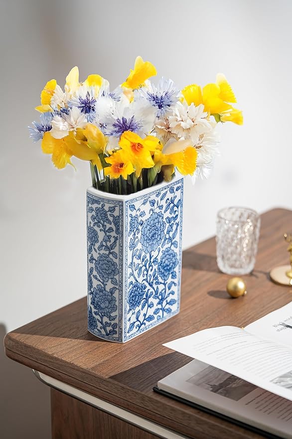 Blue and White Book Vase, Chinoiserie Ginger Jar Flower Vase for Home Decor Tabletop, Blue and White Porcelain Décor,8" H